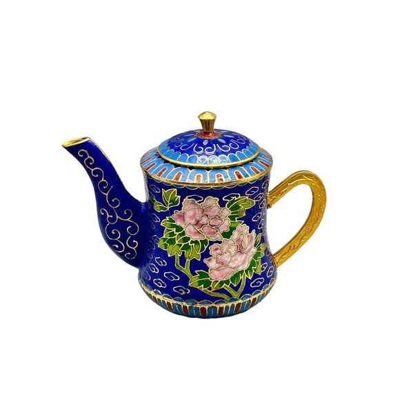 Vintage Chinese Cloisonné Mini Teapot Blue & Gold Floral Design 3" Tall - Picture 1 of 9